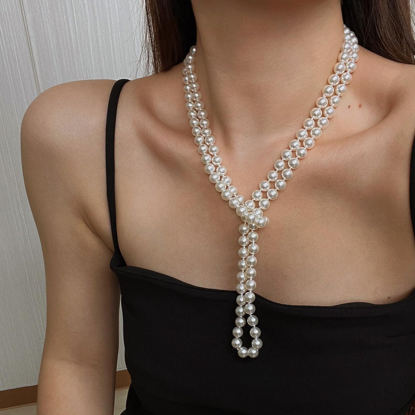 Zeffy Long Pearl Necklaces for Women Faux Cream White Pearl Strand Layered Necklace 1920s Gatsby Costume Jewelry