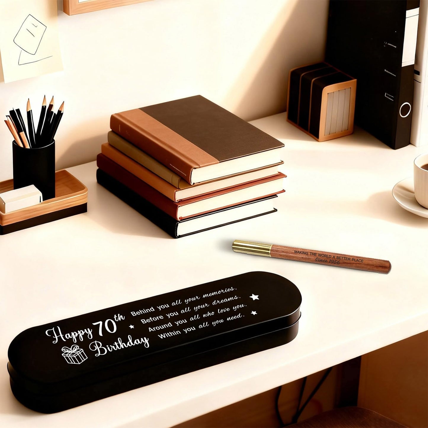 iyaone 70th Birthday Gift for 1956 Born - Engraved Wooden Gel Pen & Keepsake Box Set, Premium 70 Year Old Gift for Men & Women, Platinum Birthday Present