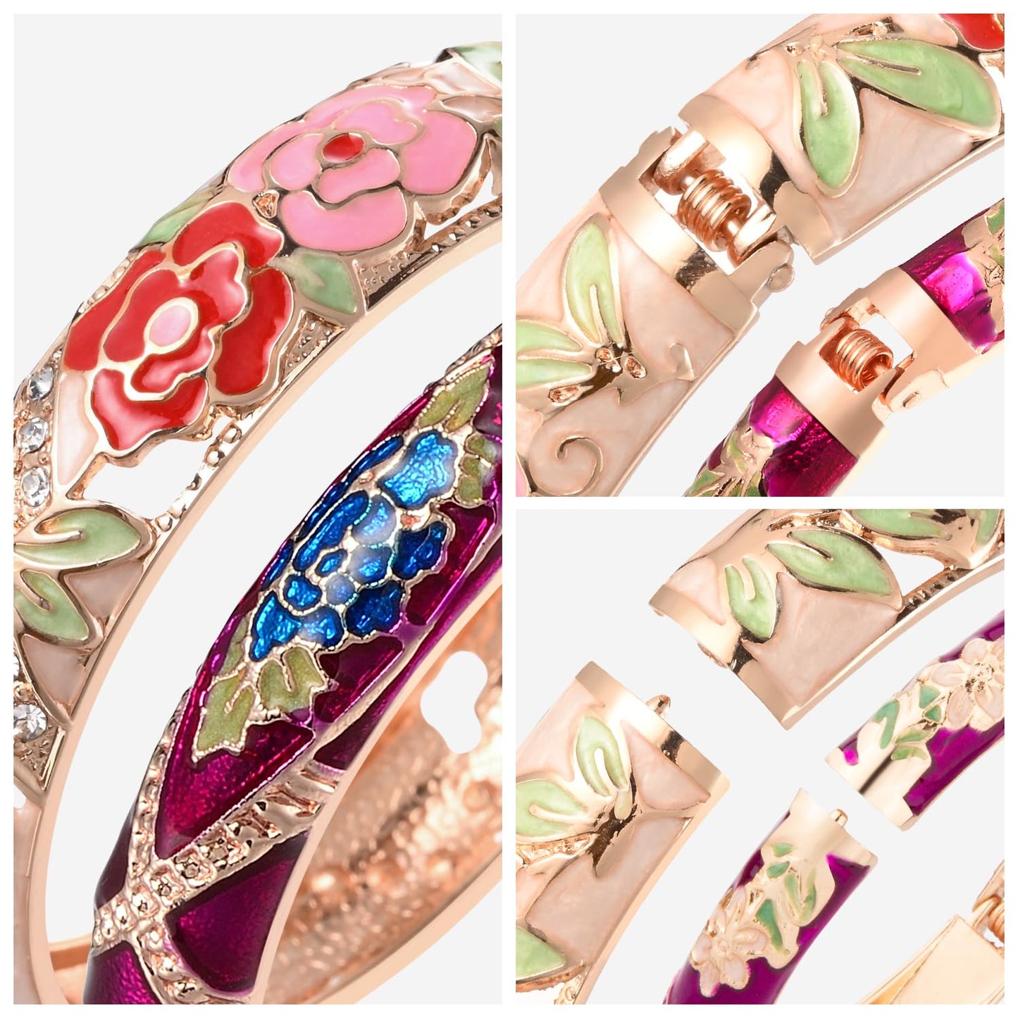 UJOY Vintage Cloisonne Bracelet Beautiful Flower Enamel Hinge Plated Rose Bangles Jewelry for Women's Gifts 88C06-55A128 Pink Purple