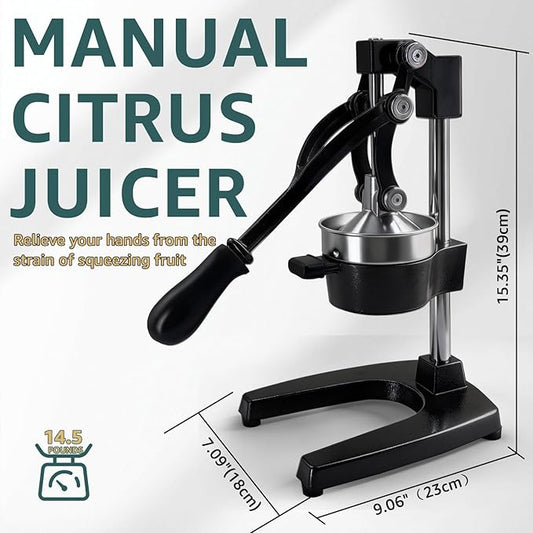 Commercial Heavy Duty Manual Citrus Juicer Press - Professional Cast Iron Hand Orange Squeezer with 304 Stainless Steel Strainer & Cup - Fruit Extractor for Pomegranate, Lemon, Lime - Black
