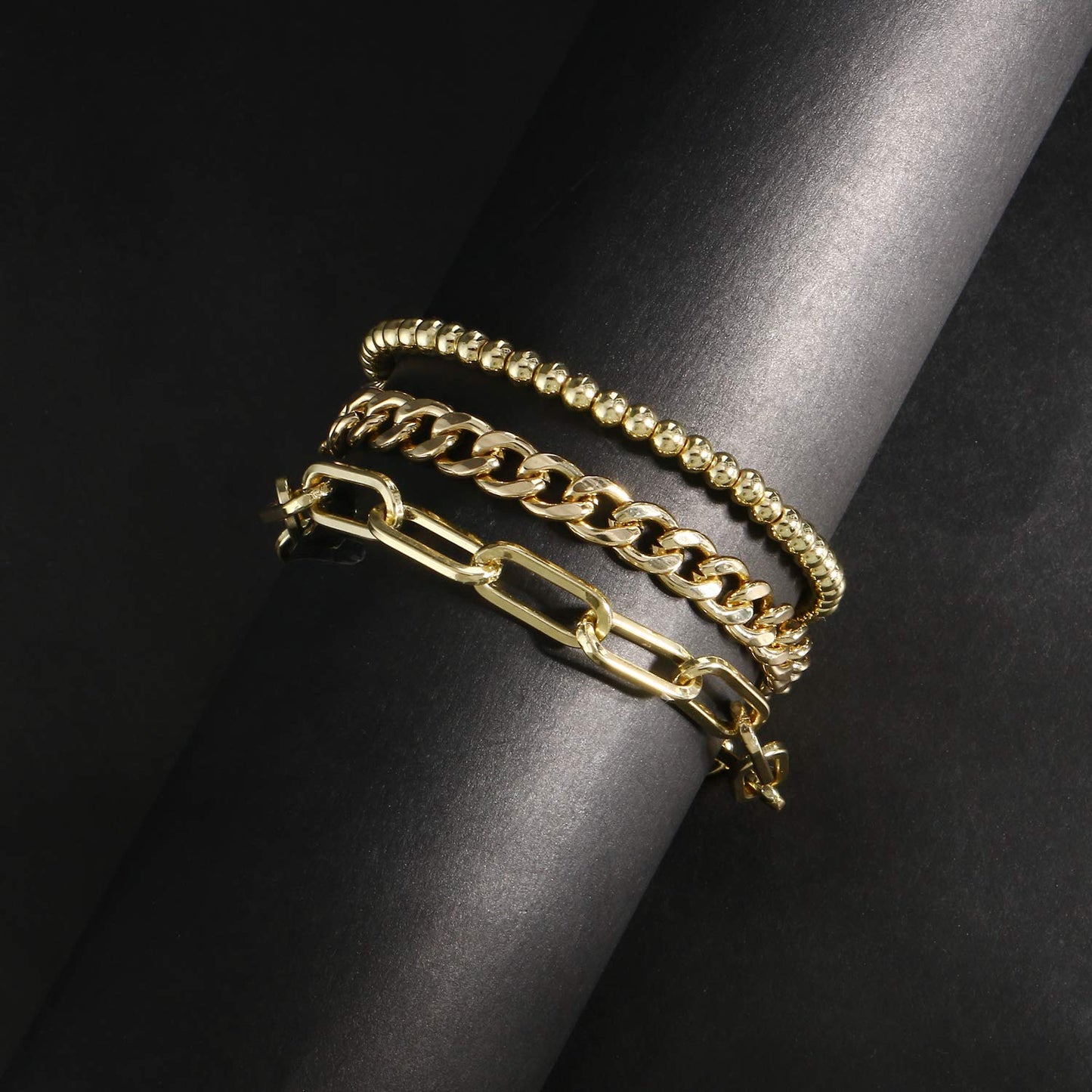 CONRAN KREMIX Gold Chain Bracelet Sets for Women 14K Gold Plated Dainty Link Paperclip Bracelets Stake Adjustable Layered Gold Bracelet for Women Trendy Gold Jewelry