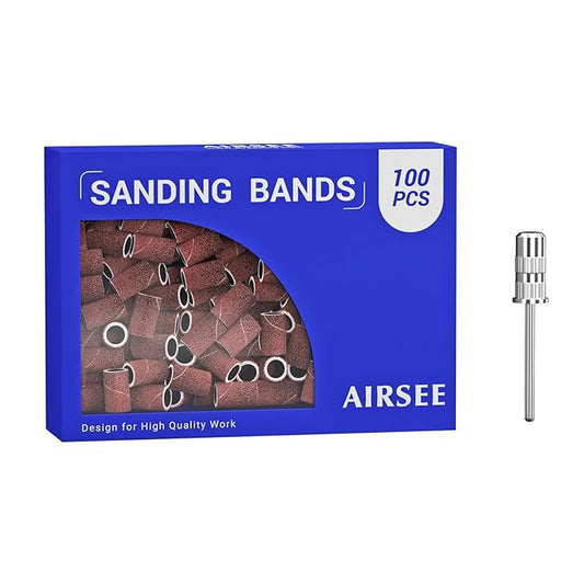 AIRSEE Sanding Bands for Electric Nail Drill 100 Piece Set 240 Grit Fine Acrylic File Attachments Professional Sander 1 Mandrel Bit Beauty Salon Accessories Manicure and Pedicure Finger Callus Brown