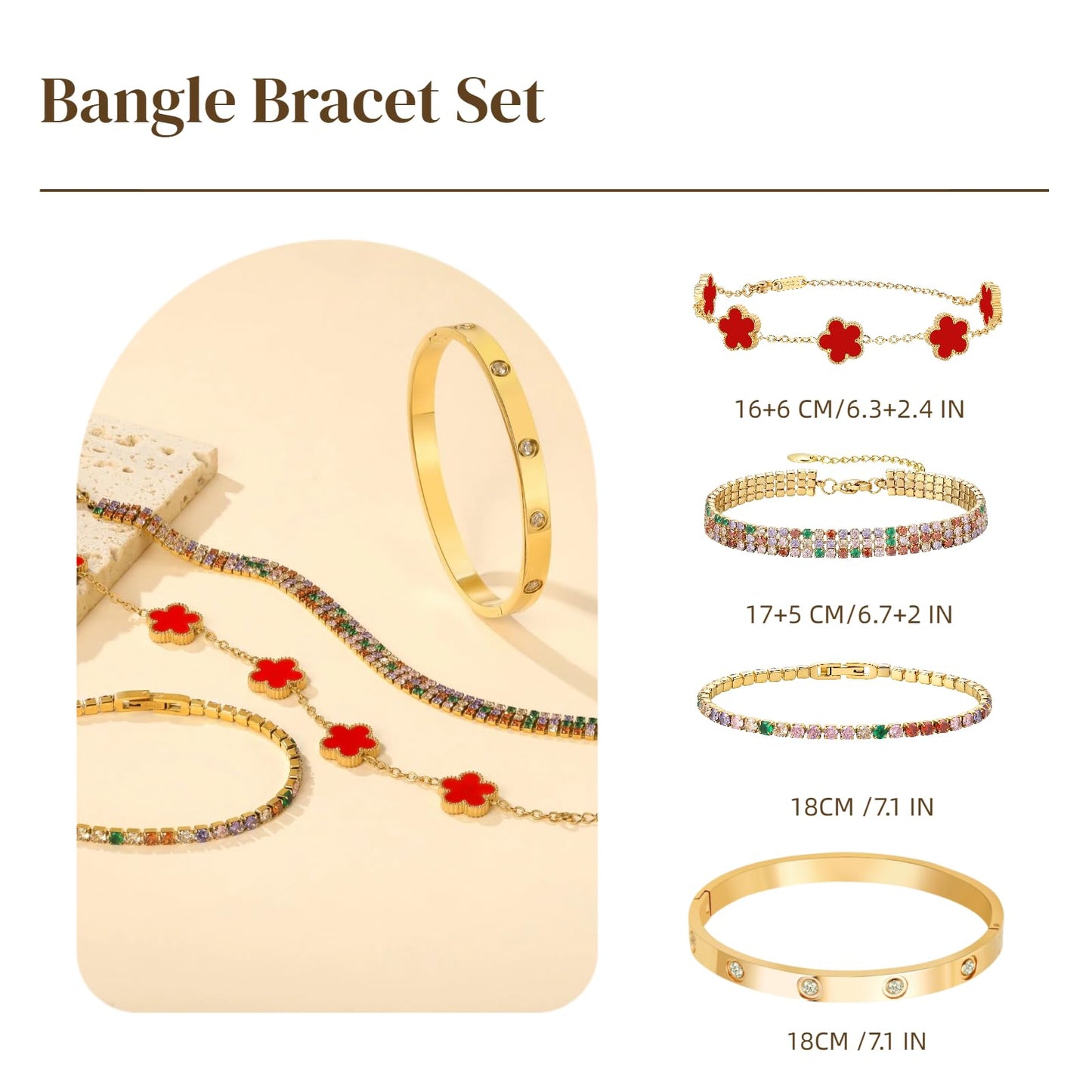 MVCOLEDY 18 K Gold Plated Love Bracelet Stack for Women 4-Piece Bracelet Shell Floral Clover Chain, Tennis Chain and Crystal Gold Bangle, Love Bracelet Design Gift Jewelry for Valentines Day