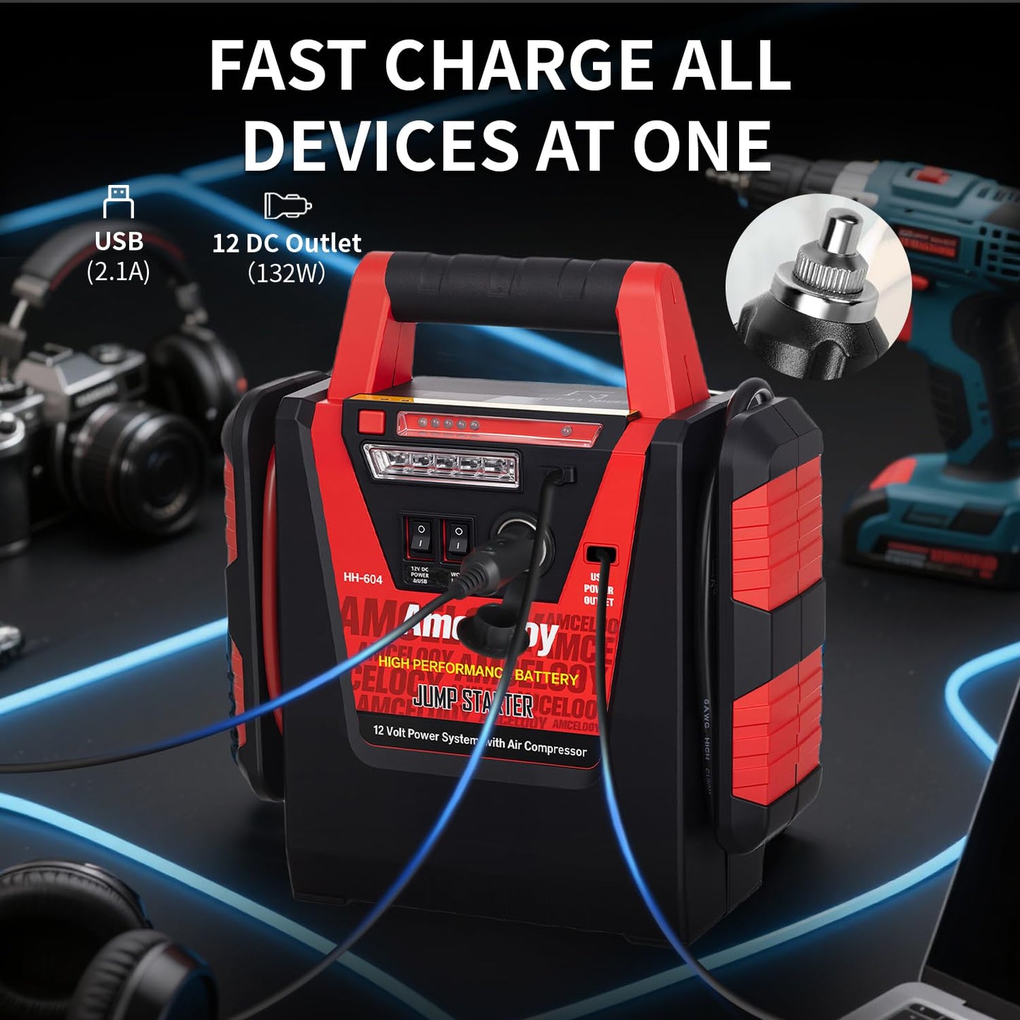 2000A Jump Starter with Air Compressor - Amcelooy Car Battery Jump Starter 260PSI Tire Inflator - Starts 8.0L Gas & 8.0L Diesel - 12V Portable Jump Box with LED Light & USB & DC Ports