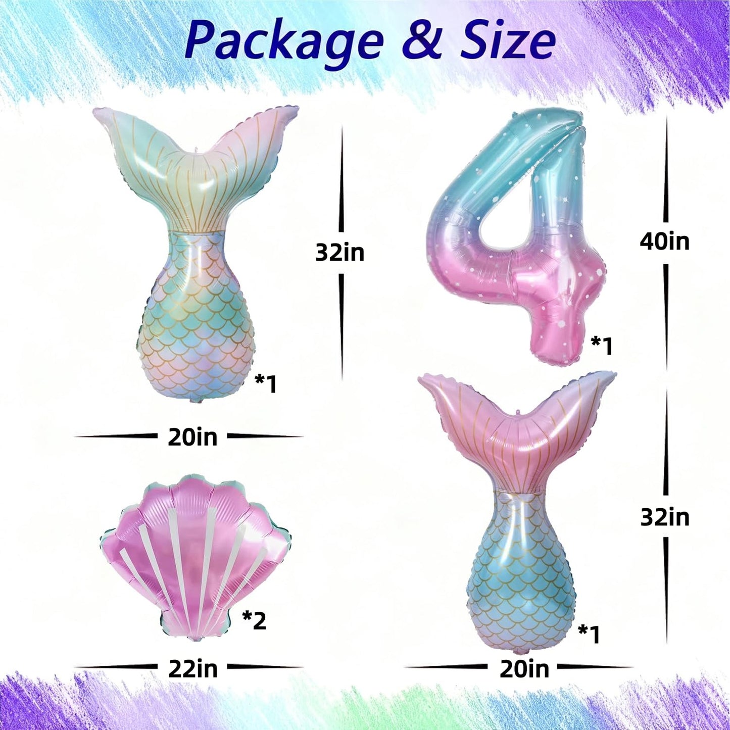 Mermaid Birthday Decorations for Girls Age 3-7, Purple Blue Pink Mermaid Theme Party Supplies with Large Shell Foil Balloons, Banner, Heart and Star Balloons for Kids Baby Shower (4th)