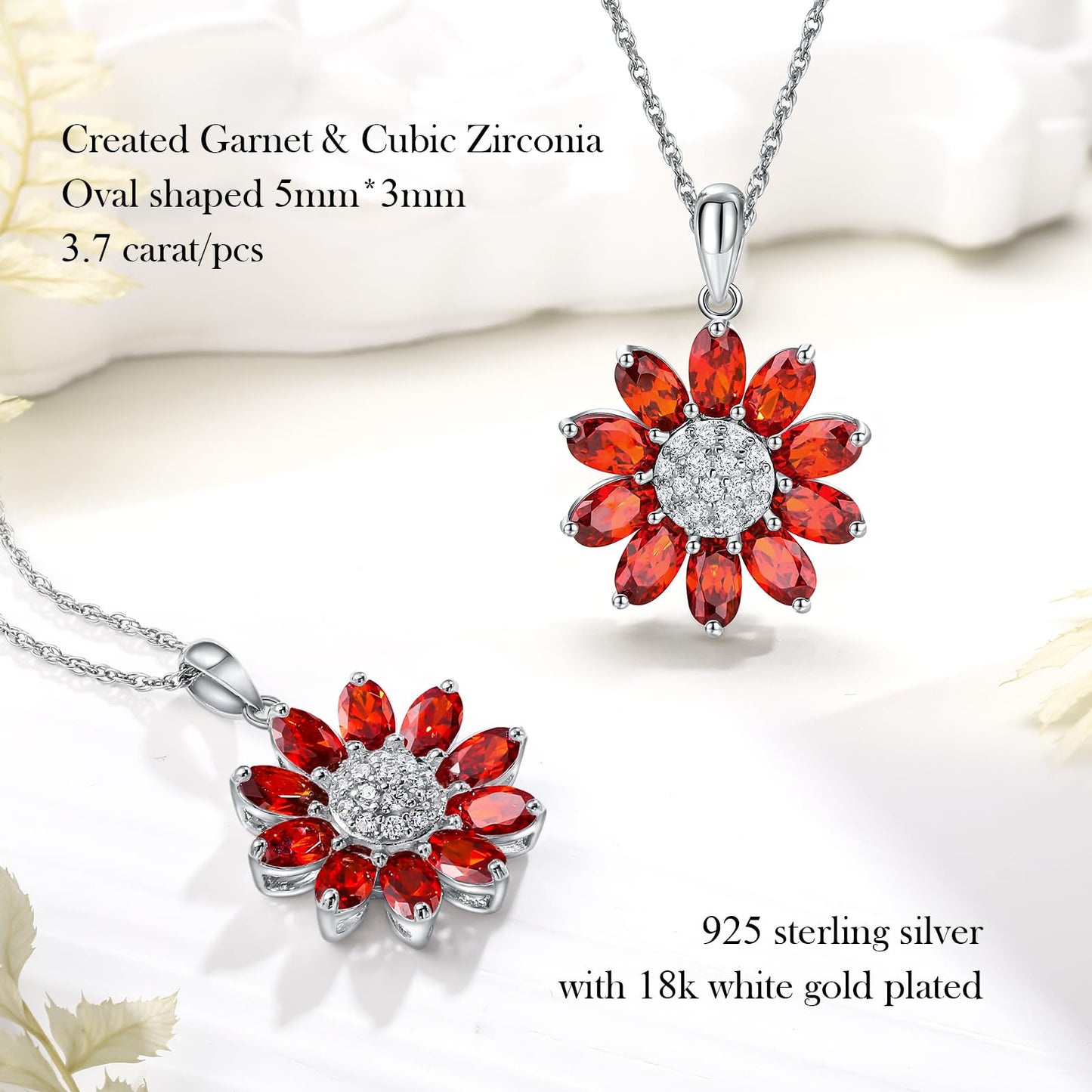 RANDES 925 Sterling Silver Sunflower Necklace Dainty Garnet Red Flower Necklaces for Women January Birthstone Necklace