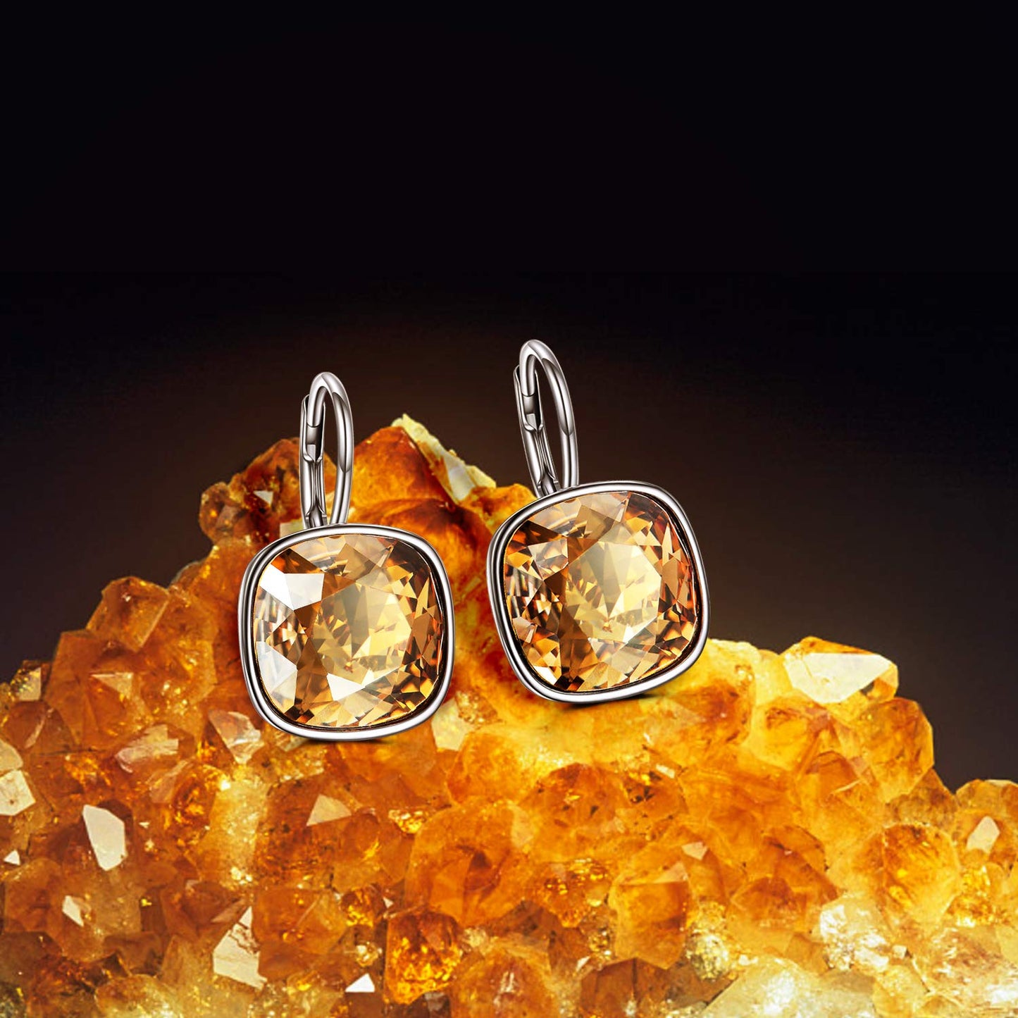 AOBOCO Sterling Silver Leverback Earrings Embellished with Crystals from Austria, Hypoallergenic Cushion Cut Square Crystal Earrings, Fine Anniversary Birthday Jewelry Gifts for Women (Simulated Citrine)