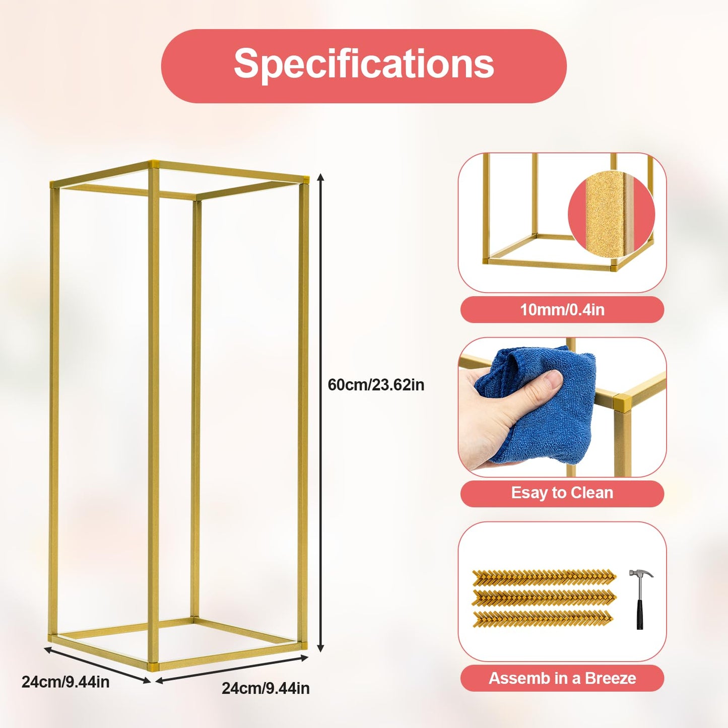 Gdrasuya10 23inch/60cm 10Pcs Gold Flower Stand for Centerpieces,Gold Vase Metal Column Stand,Wedding Flower Stand Tall, Rectangular Frame Flower Stand Geometric Stand for Wedding Party Decoration