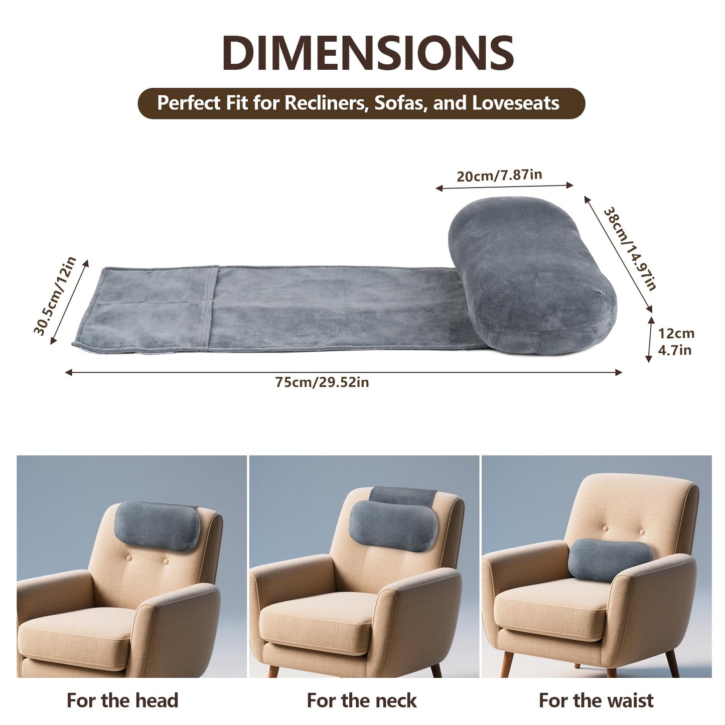 Head Recliner Pillow, Memory Foam Headrest Pillows for Recliner Chairs, Non-Slip Headrest Cushion for Neck Pain Relief, Neck Support Pillow for Travel Home Sofa Armchair (Grey)