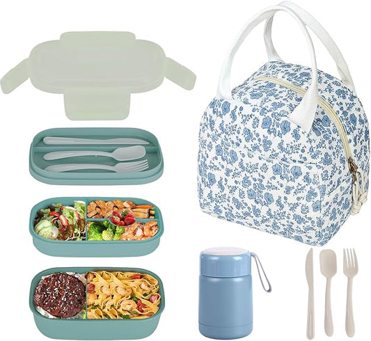 Bento Lunch Box Set for Women, with 12oz Soup Thermo, with Leak-Proof Food Containers, Insulated Lunch Bag for Girls for Travel Picnic