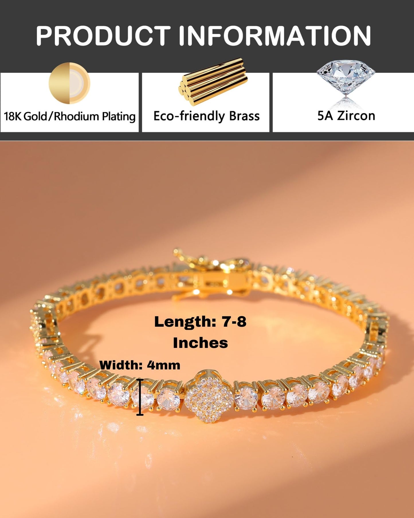 LuxeFlex 4mm Iced Out Clover Tennis Bracelet, White Gold Plated with 5A Zircon Stones, Handmade exquisite Hip Hop Jewelry, Perfect Unisex Gift (Gold-All stone,7)