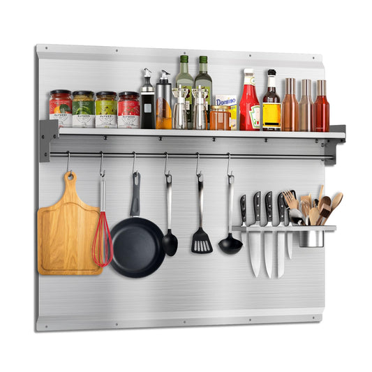 VENFAN 30x24 Inch Stainless Steel Stove Backsplash with Shelf, 6 Hooks & Knife Stand - Rust-Proof Kitchen Wall Protector Stainless Steel - Easy No-Drill Installation