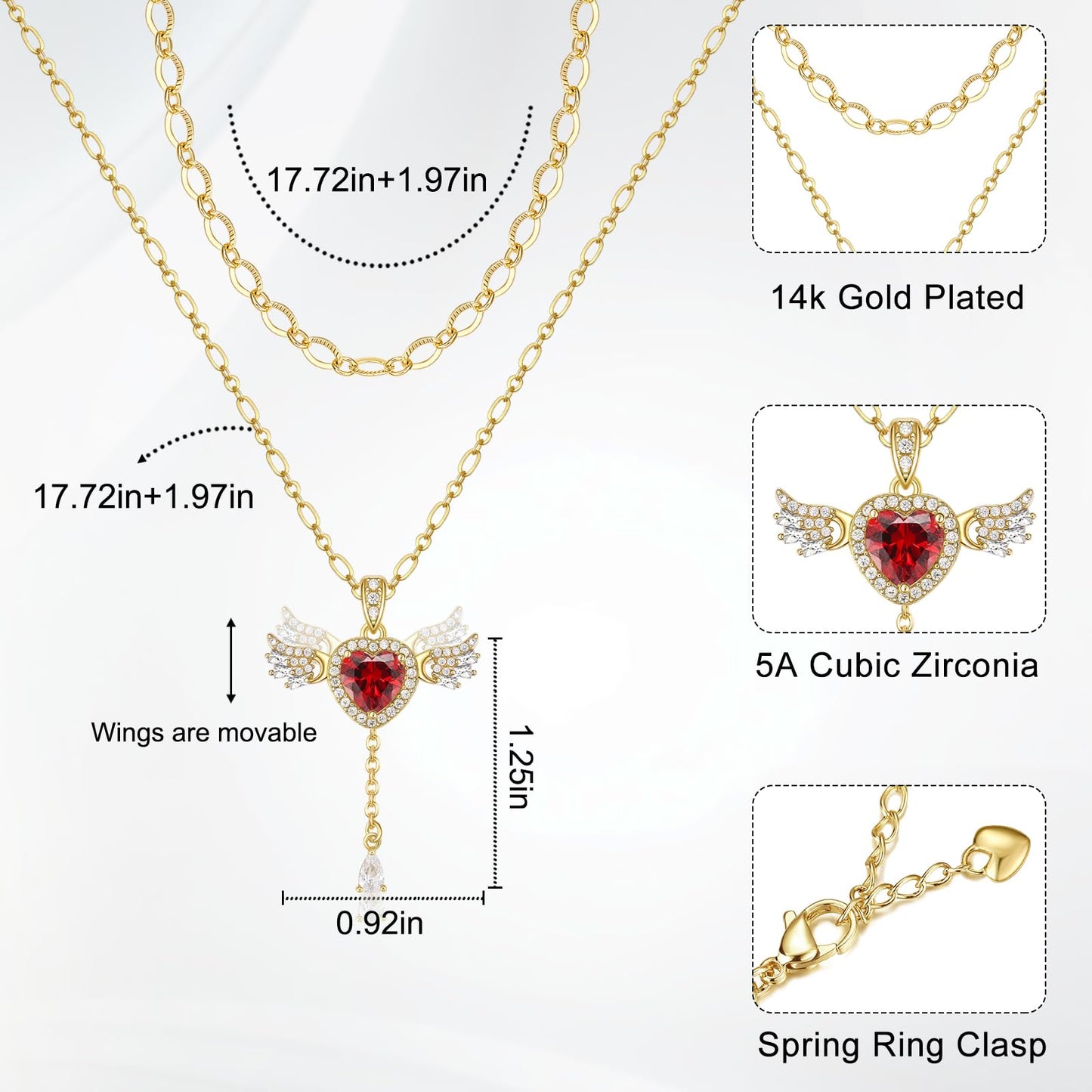 MEIITRUE Heart Necklace for Women Trendy,14k Gold Plated Dainty Layered Necklaces Set Cubic Zirconia Love Drop Pendant with Movable Wings Personalized Choker Chain Jewelry Gift Pink