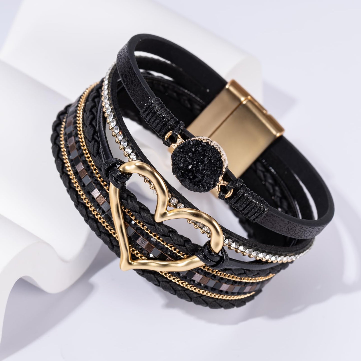 Becklynn Boho Leather Wrap Bracelets Beaded Crystal Stackable Cuff Bracelet with Magnetic Clasp Cowboy Cowgirl County Concert Outfits Western Jewelry Gifts for Women(Heart Black)