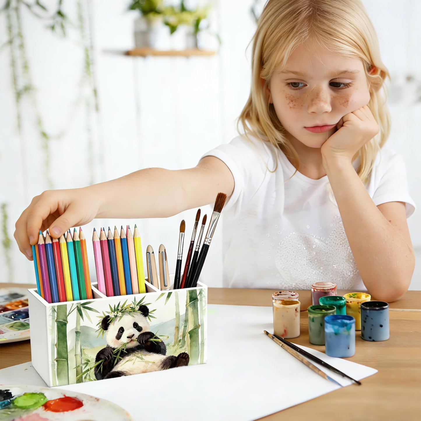 SkyCozy Panda Pen Pencil Holder for Desk, Panda Gifts for Women Girls, Animal Lovers Gifts Wooden Box Sign Decorations for Kids Room Bedroom Home Office Desk Tabletop