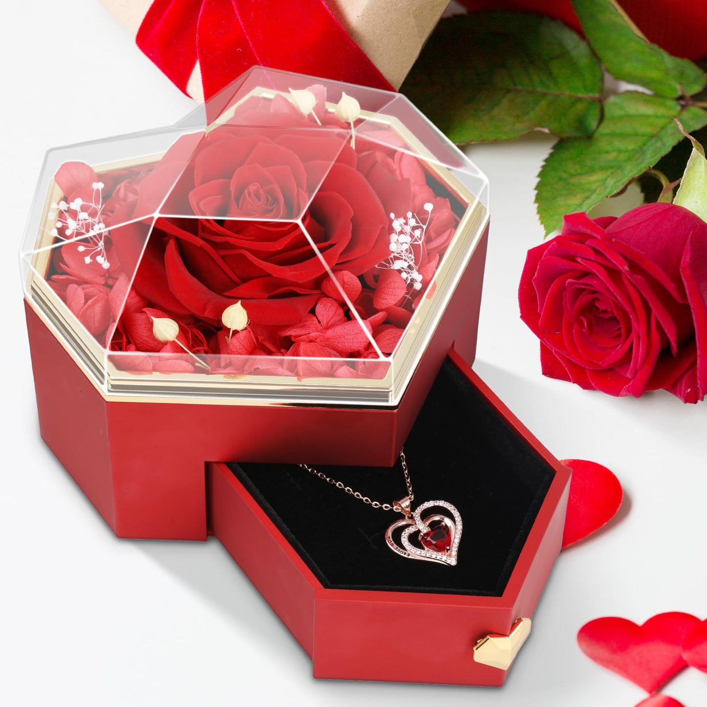Joniuuca Preserved Real Red Rose Gift Box with Heart Necklace - Eternal Flower Gift for Mothers Day, Girlfriend, Wife, Mom on Valentine's Day, Birthday, Christmas, Anniversary, Thanksgiving(Golden)