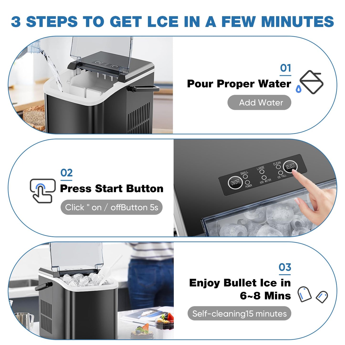 Sweetcrispy Portable Ice Maker Countertop with Ice Scoop, Basket and Handle, 9 Ice Cubes in 6 Minutes, 26.5lbs/24Hrs, Self-Cleaning with 2 Sizes of Bullet Ice for Kitchen, Office, Bar, Ink Black