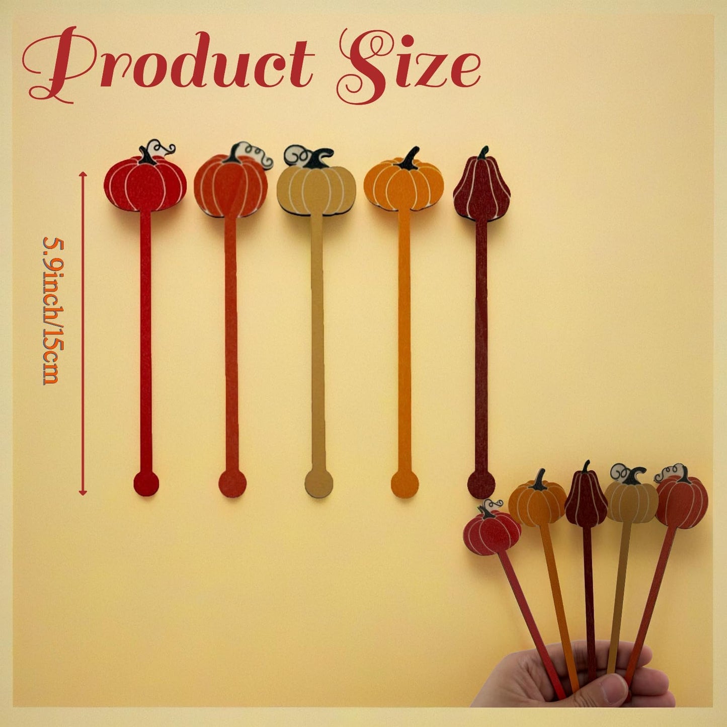50 Pcs Pumpkin Drink Stirrers Bulk, 5.91 Inch Wooden Halloween Cocktail Picks with 5 Unique Autumn Orange Designs, Fall Party Supplies for Coffee, Beverages, Halloween Decor
