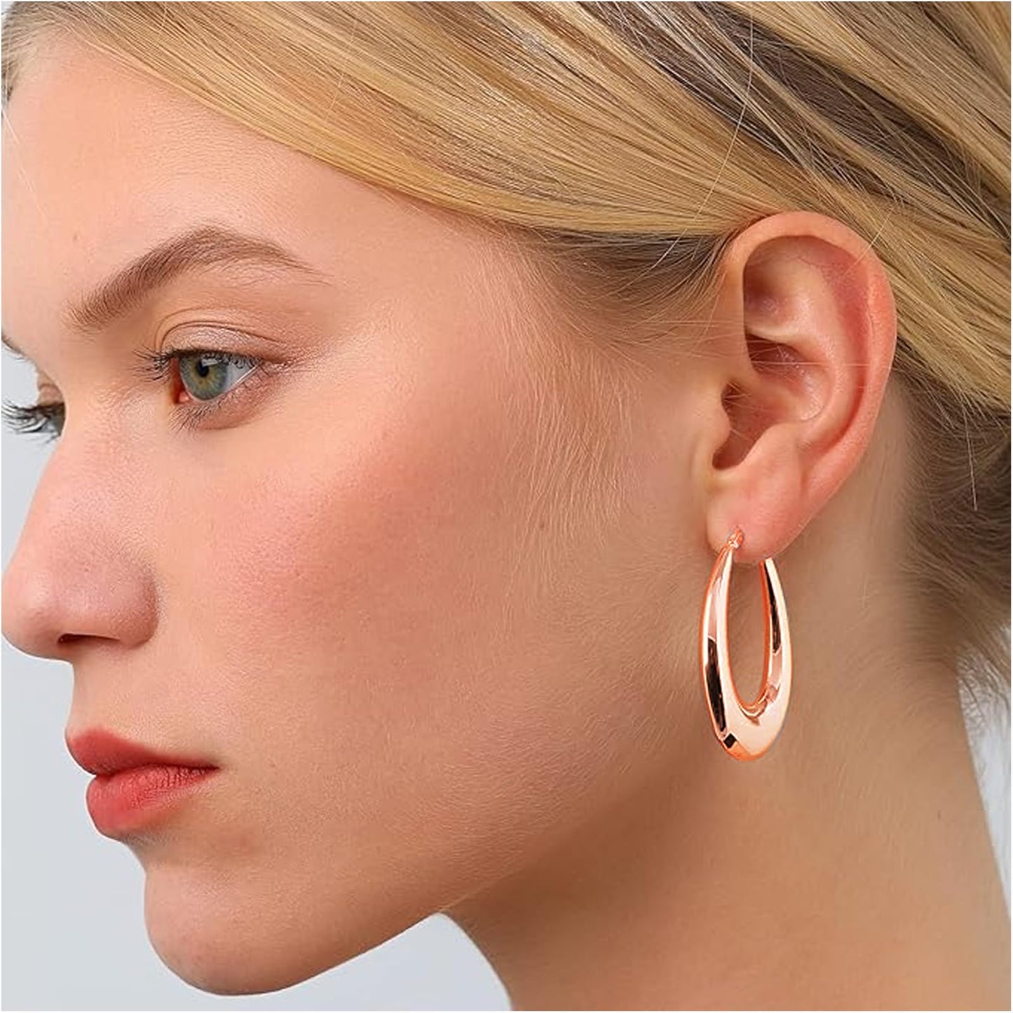 PABBEU Chunky Rose Gold Hoop Earrings for Women, Lightweight 14k Golden Plated Hoops Earrings, Hypoallergenic 925 Oval Rose Golds Hoops Earrings, Thick Gold Hoop Earrings for Women Gifts (38mm)