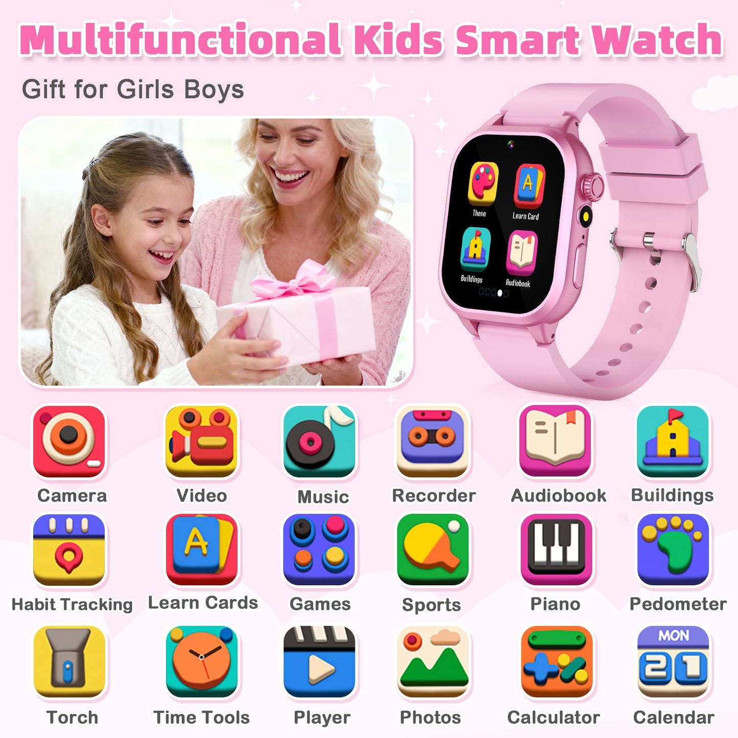 Kids Smart Watch Girls Gift for Girl Aged 5-12, 40 Games HD TouchScreen Kids Watch with Video Camera Music Pedometer Audiostory Learn Card Toys Birthday Gifts for Girls Ages 5 6 7 8 9 10(Pink)