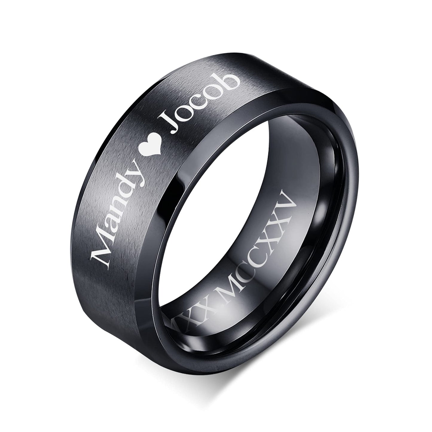 VNOX Mens 8mm Brushed Matte Tungsten Carbide Classical Simple Plain Personalized Custom Name Date Wedding Band Wedding Engagement Ring,Black,Size 8