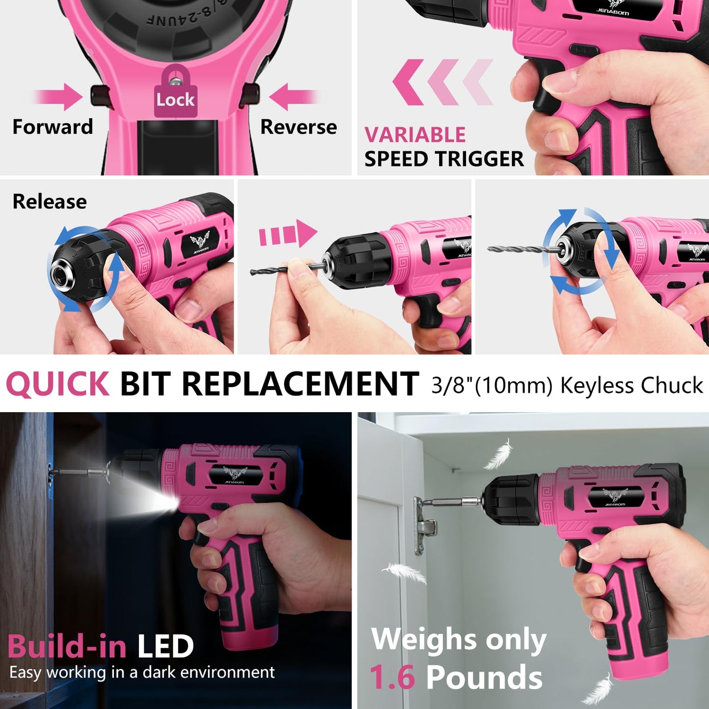 JENABOM Tool Set - 8V Cordless Drill Set, 127 Piece Home Tool Set With Hand Drill, Tool Kit for Women & Men, Perfect for Homeowner, Diyer, Handyman, Pink