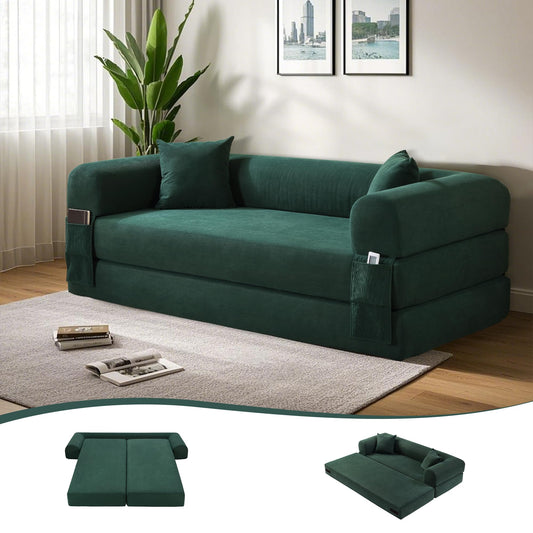 80" Convertible Sofa Bed, 3-in-1 Corduroy Folding Pull Out Couch with Pillows, No Assembly Modern Boneless Couch Compression Sofa in Box, Floor Sofa with Side Storage Pocket for Living Room,Dark Green