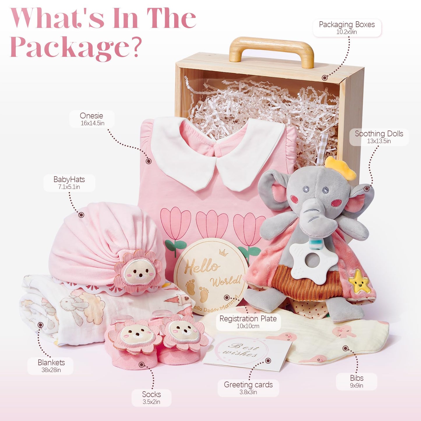 TUZT Wooden Baby Girls Gift Set, Baby Shower Gifts for Girls, Unique Newborn Essential Stuff with Blanket Onesies Lovey Bib and Socks, Gender Reveal Ideas Infant Welcome Baby Girl Shower Party