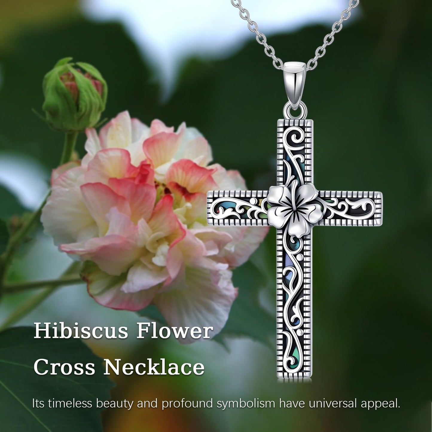Hibiscus Necklace for Women 925 Sterling Silver Hawaiian Hibiscus Flower Necklaces Filigree Cross Religious Pendant Faith Hawaii Graduation Jewelry with Abalone Shell Mothers Day Gifts for Mom Sister Wife