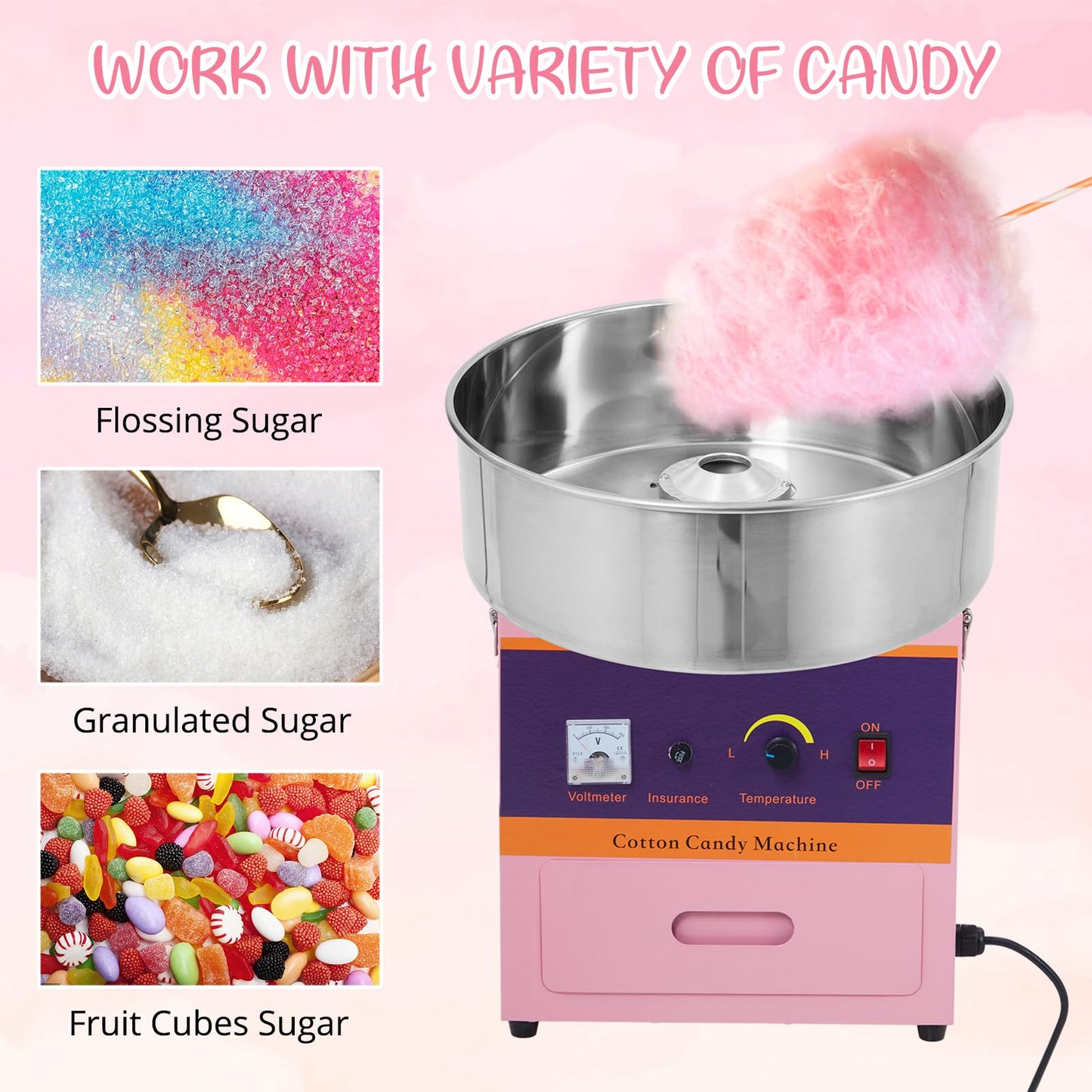 GAOMON Cotton Candy Machine Commercial, 1000W Electric Cotton Candy Machine, Cotton Candy Maker with Stainless Steel Bowl, Sugar Scoop, Storage Drawer, Perfect for Family Party, Kids Birthday, Pink