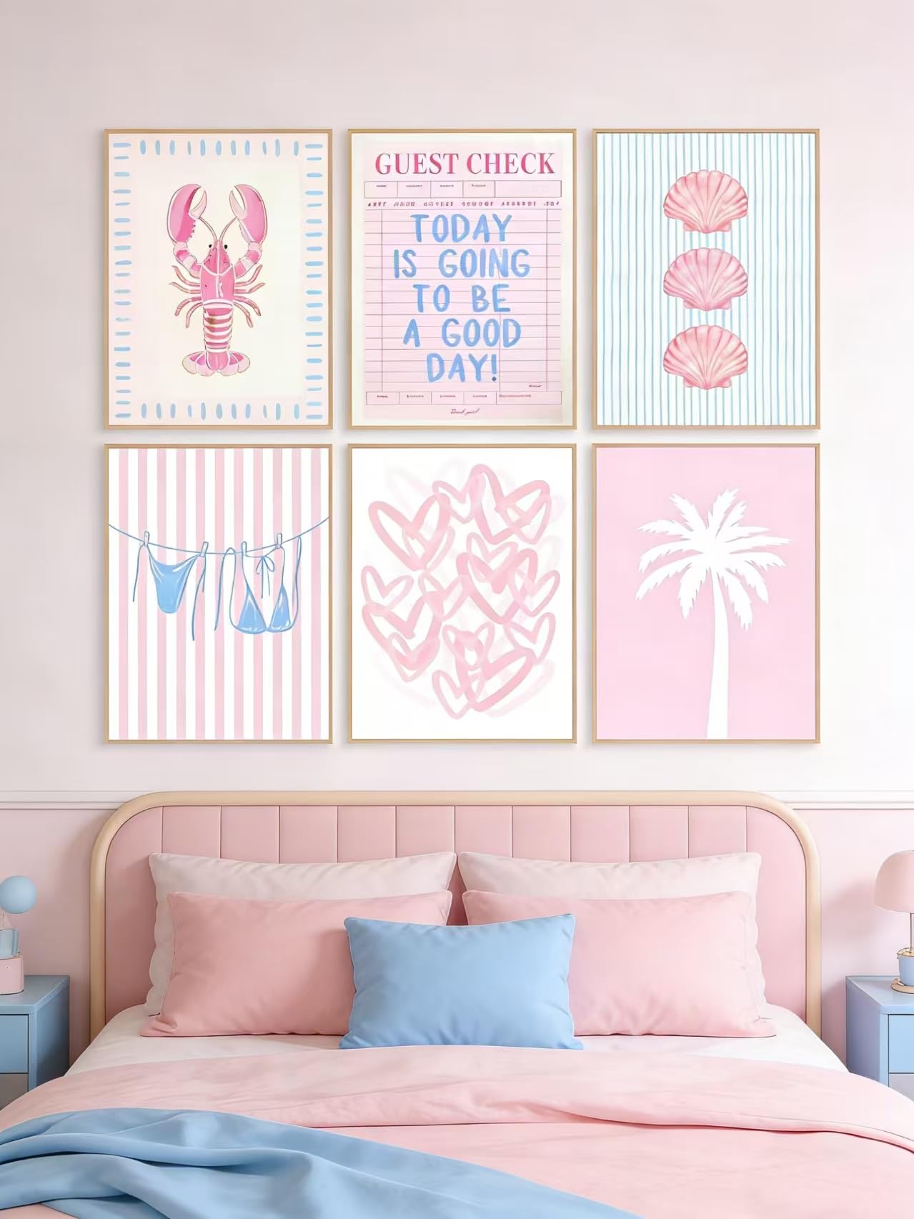 6pcs Preppy Beach Pink Blue Canvas Wall Art Coastal Fashion Bikini Shell Painting Picture Wall Decor Summer Seaside Theme Poster Print Artwork for Teen Girl Bedroom Dorm Gift granddaughter