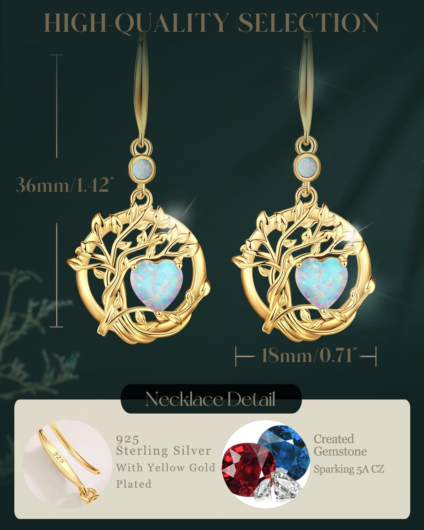 FANCIME Tree of Life Earrings 925 Sterling Silver Yellow Gold Plated Opal Dangle Drop Gemstone Earring October Birthstone Fine Jewelry Birthday Mothers Day Gifts for Mom Her Women
