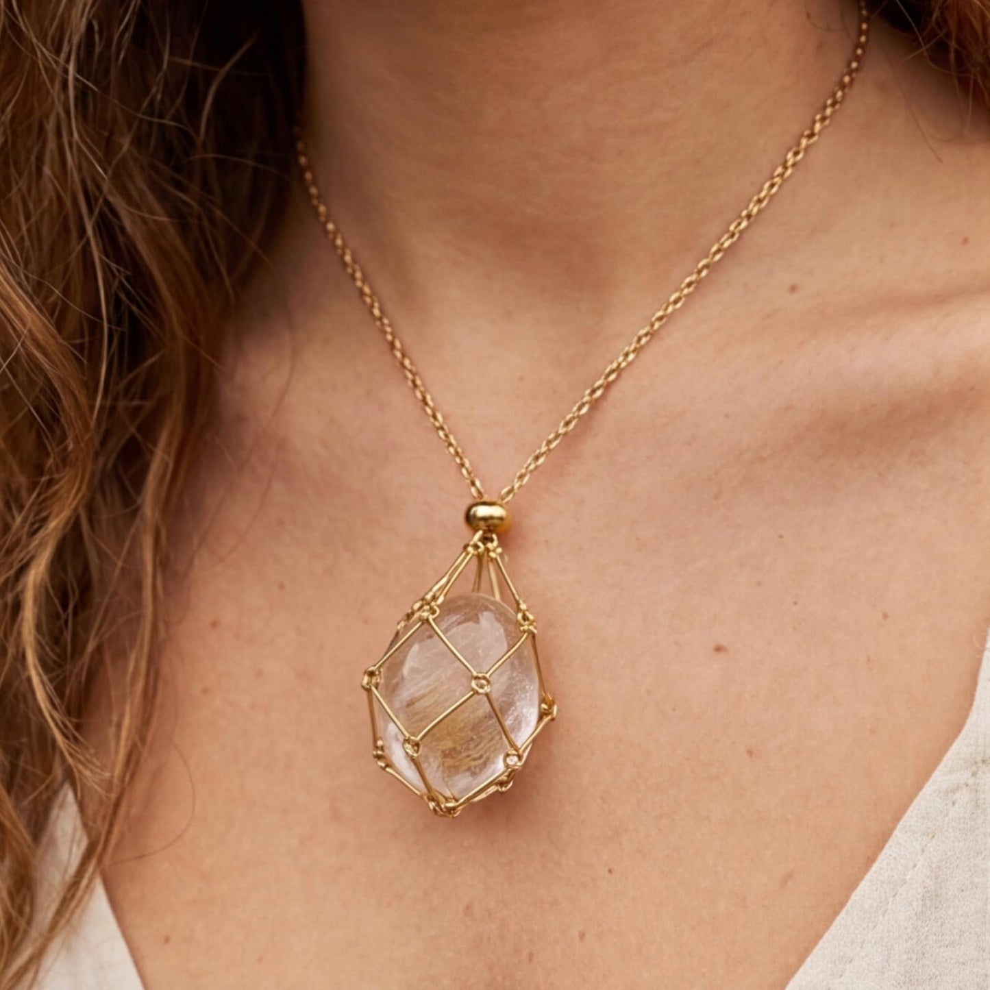 VLIEGEN Crystal Holder Necklace, Stainless Steel Cage for Stone Adjustable Natural Crystal Cage Holder Necklaces Quartz Natural Gemstone Jewelry for Women Men BL L