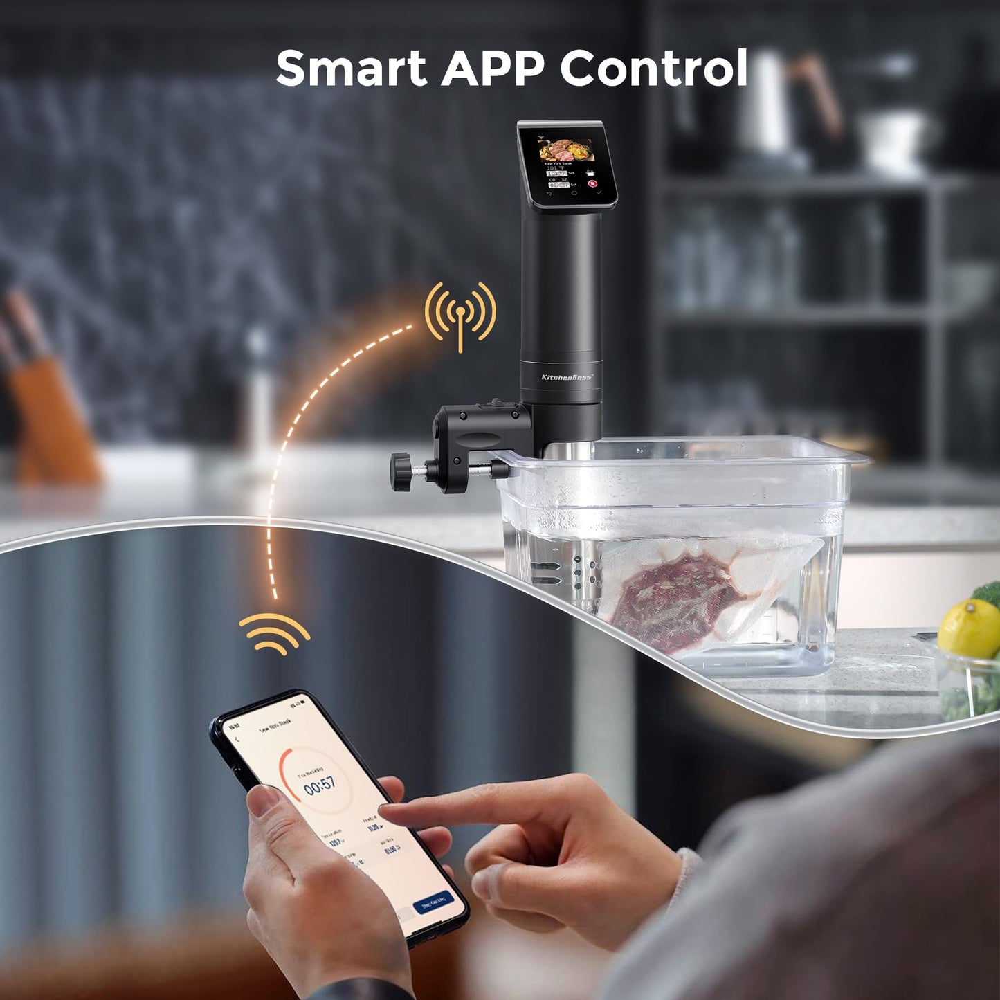 KitchenBoss WIFI Sous Vide Cooker: Ultra-Quiet Sous-vide Cooking Machine 1100 Watts Stainless Steel Immersion Circulator for Kitchen with TFT Preset Recipes (Black)