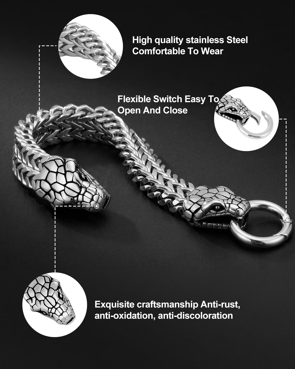 LuxGoth Stainless Steel Double Snake Heads Heavy Cuban Link Chain Bracelet Gothic Punk Rock Biker Vintage Viking Snake Franco Link Curb Bracelet Jewelry for Men Silver GTS-B1B45033
