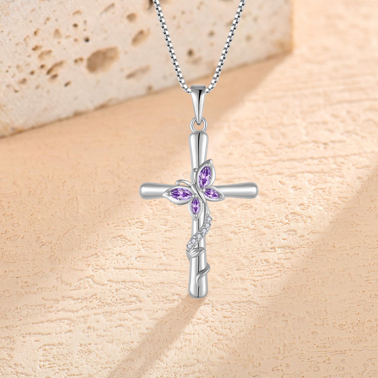 Blaniy Cross Necklace for Women 925 Sterling Silver Butterfly Necklace Amethyst Pendant Necklaces February Birthstone Jewelry Gifts for Women