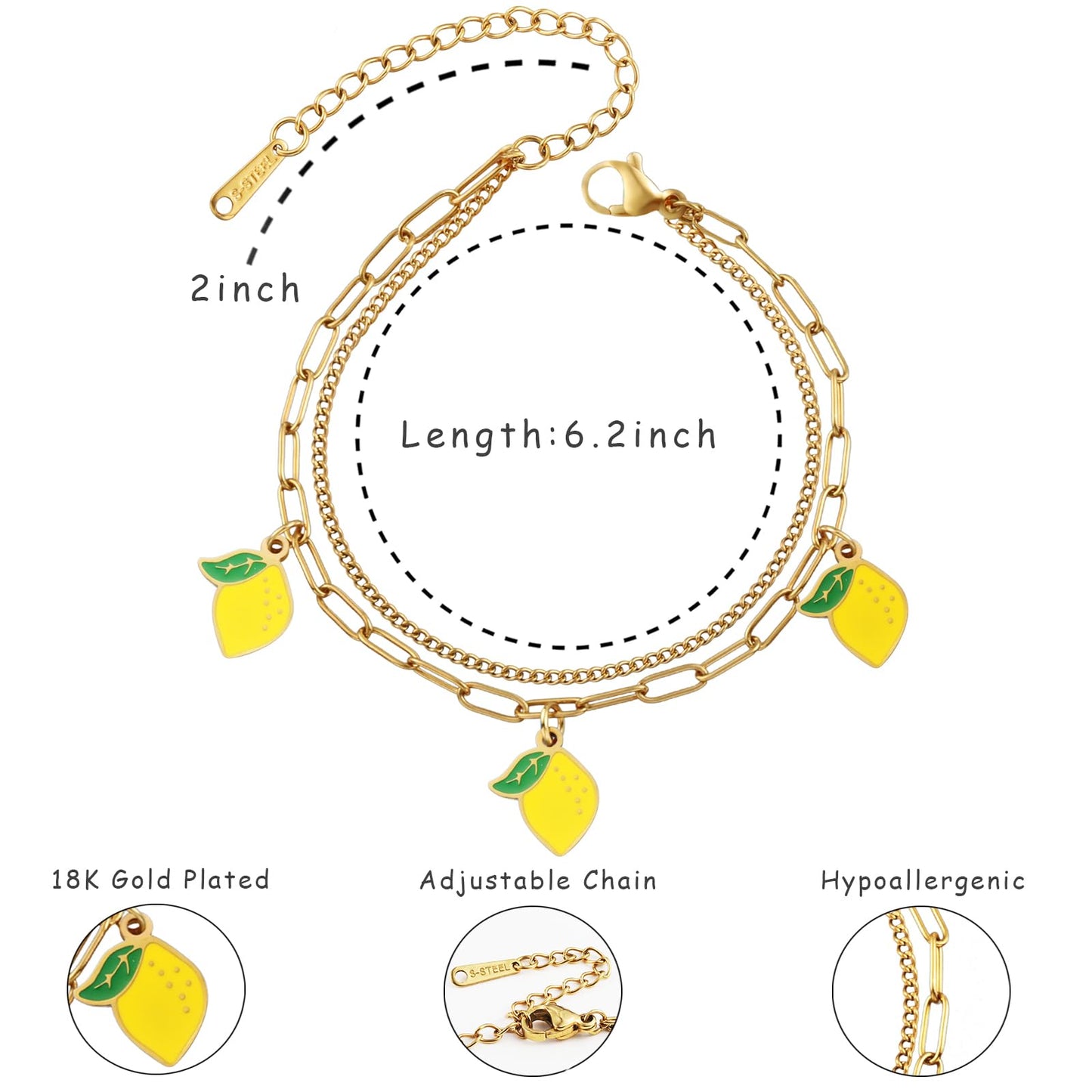 LCTrusttmor Gahna Summer Jewelry Gifts for Women, 18K Gold Plated Lemon Bracelet with Fruit Charms, Dainty Layered Chain Link Adjustable Bracelets Gift for Her