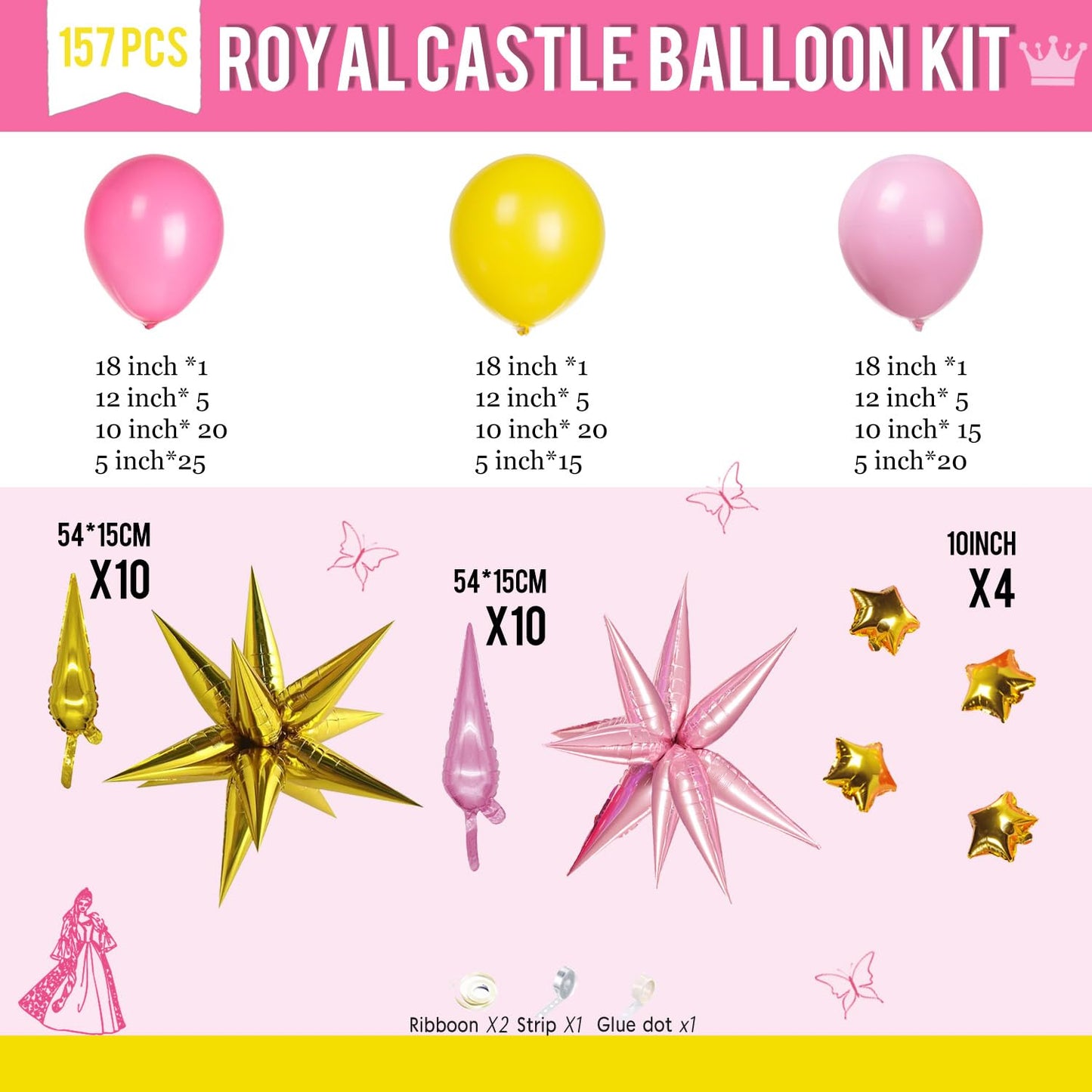 Hot Pink Yellow Balloon Arch Kit 160pcs with Large Pink Gold Star Five-Point Star Foil Balloons for super bro Princess Birthday baby shower peach Bridal shower Party Decorations