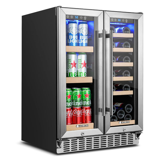 AAOBOSI Upgraded 88 Cans Dual Zone Wine and Beverage Cooler,Built-in and Freestanding,Removable Fashion Wooden Frame,Intelligent Digital Temperatrue Control,Low Noise,Dual Zone 24 Inch 19 Bottles
