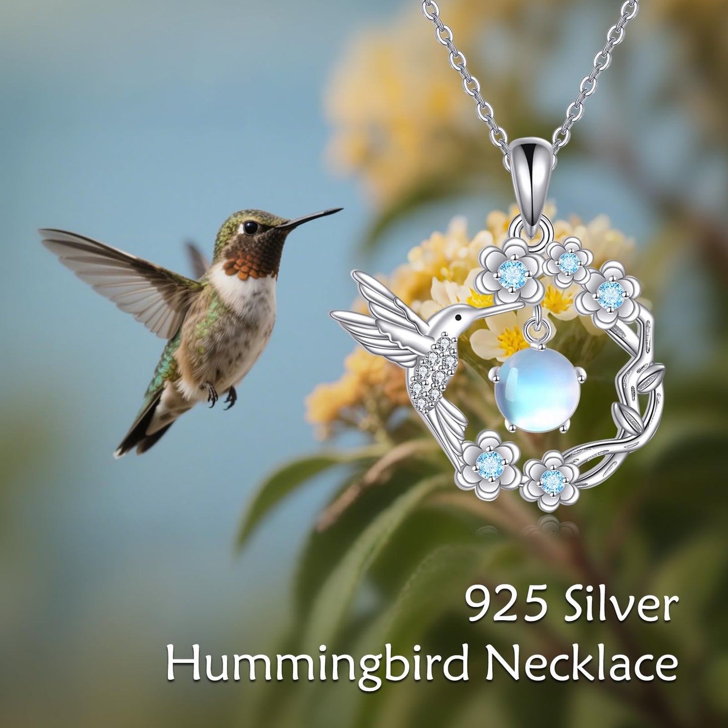 YAFEINI Hummingbird Necklace Sterling Silver Moonstone Humming Bird Pendant Jewelry for Women Mom