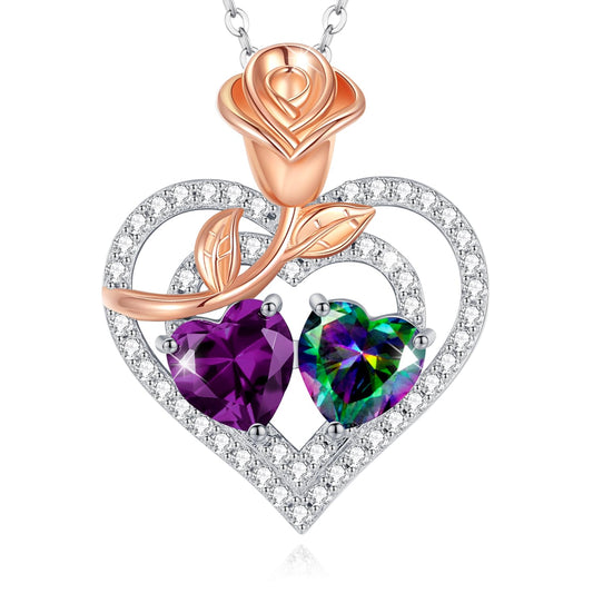 AGVANA February June Birthstone Jewelry Amethyst Alexandrite Necklace Sterling Silver Rose Flower Heart Double Birthstone Pendant Necklace Anniversary Birthday Gifts for Women Mom Wife Lady Her