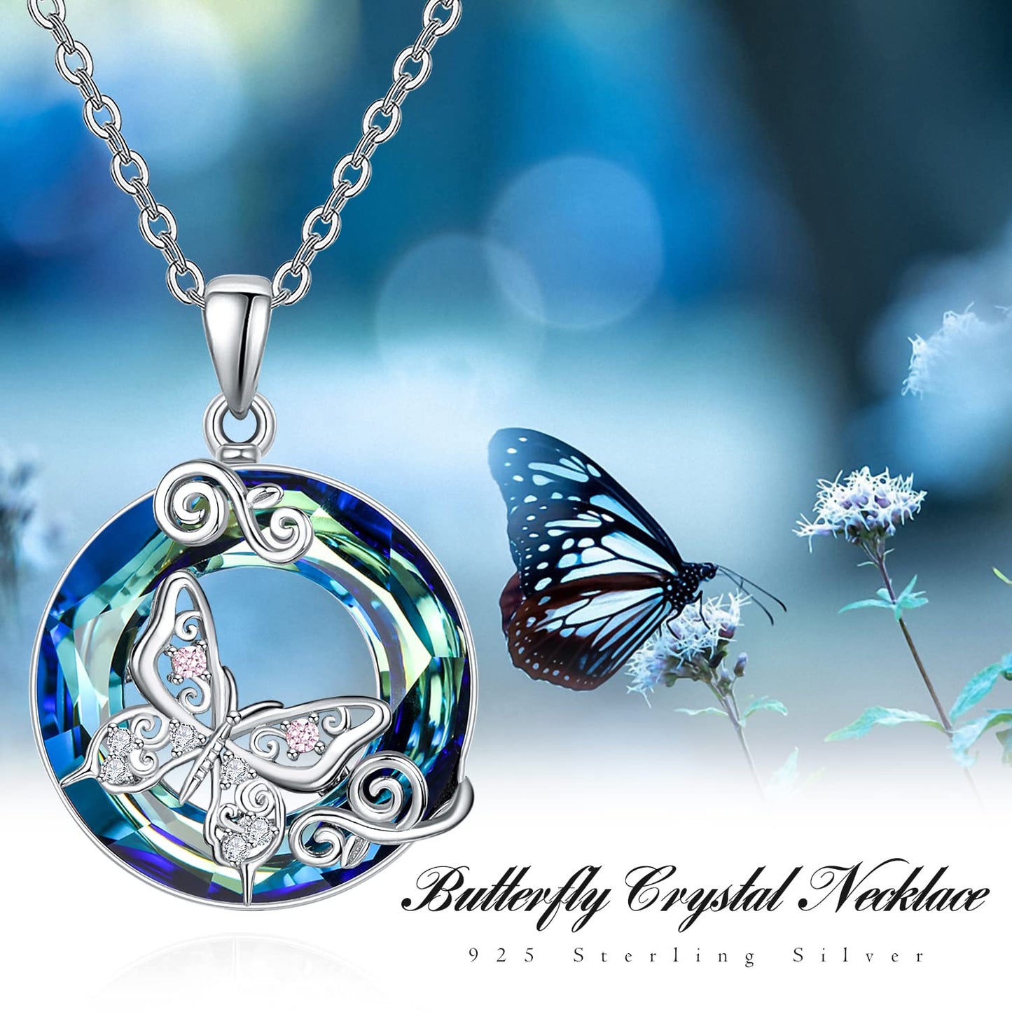 AENEAS Butterfly Necklaces for Women Sterling Silver Butterfly Pendant Necklace Blue Crystal Butterfly Jewelry Gifts for Women