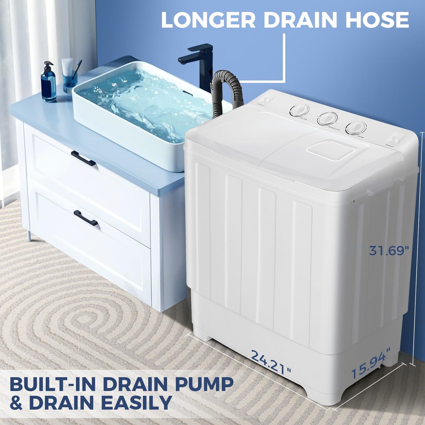 Nictemaw Portable Washing Machine 30Lbs Capacity Twin Tub Compact Laundry Machine 19Lbs Washer and 11Lbs Spin Dryer with Built-in Drain Pump, Small Washing Machine for Apartments, Dorms, RVs