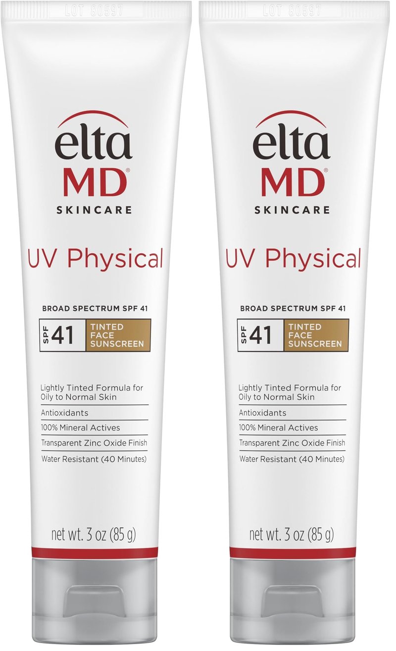EltaMD UV Physical Tinted Mineral Sunscreen for Face SPF 41,100% Mineral Actives Tinted Face Lotion, Water Resistant, Paraben-Free, Transparent Zinc Oxide Finish,Travel Size Sunscreen 3 oz,(Pack of 2)