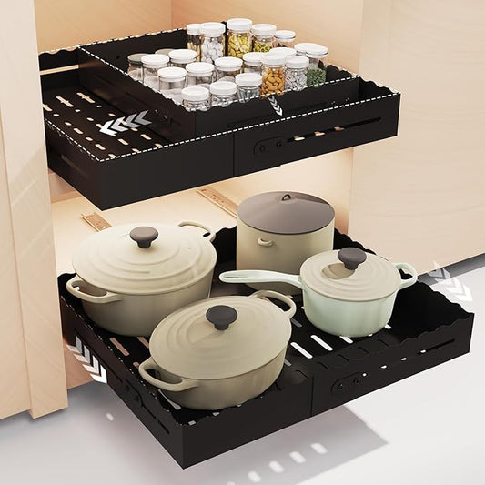 Expandable Pull Out Cabinet Organizer - Adjustable Width 12-18" & Depth 13-23", 3-Rail Heavy Duty Slide Out Drawer, No-Drills Adhesive Mount, Fits Lip & Lip-Free Cabinets(Black)