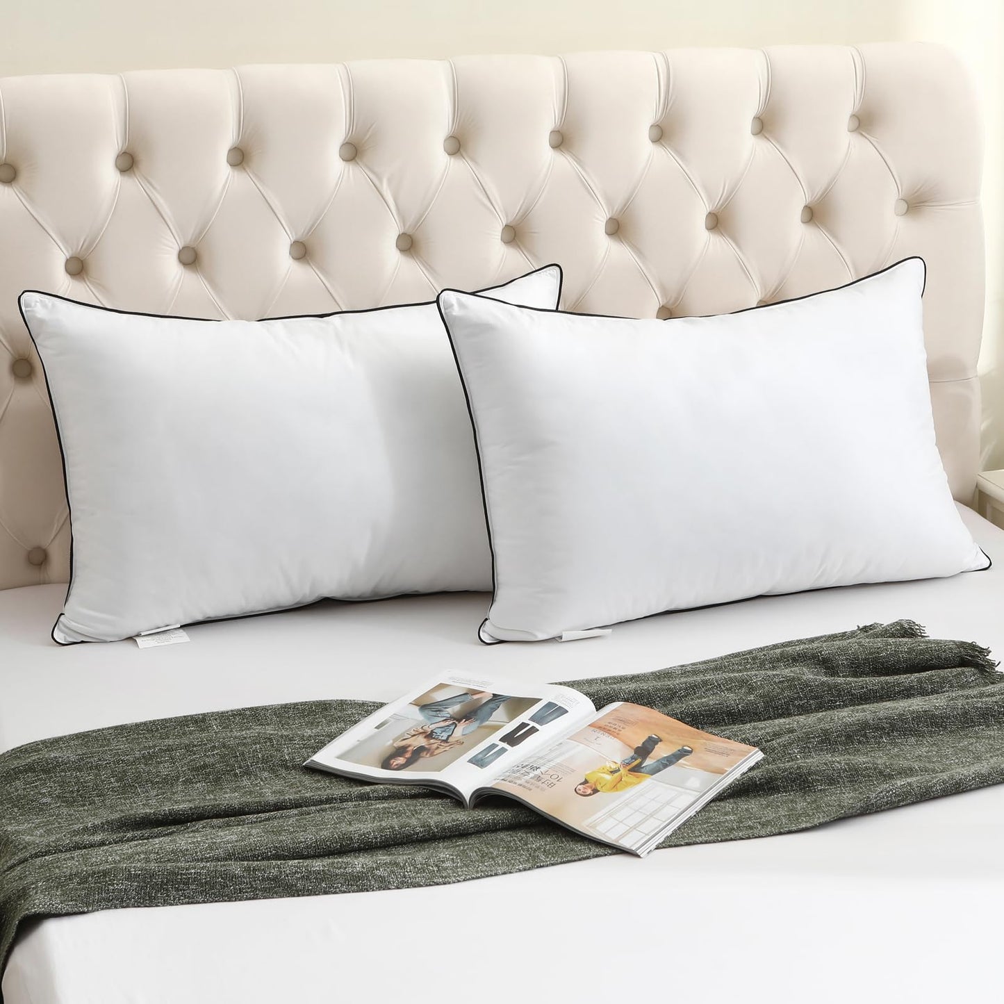 BPC Luxury Goose Feather Down Pillows Queen Size Set of 2, Hotel Bed Pillows for Sleeping, 100% Organic Cotton Cover, Soft Support Down Alternative Surround Fill for Side, Back and Stomach Sleepers
