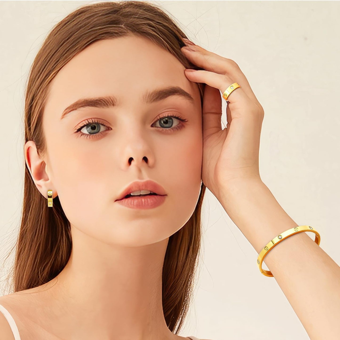 3 Pcs Hoop Earrings Bracelets Ring Sets for Women-18K Gold Plated Love Bracelet Cubic Zirconia Cuff Bangle Hoop Earrings Friendship Love Ring Jewelry Set,Wedding Party Christmas Valentine's Day Birthday Gifts for Her Girlfriend Sister Daughter