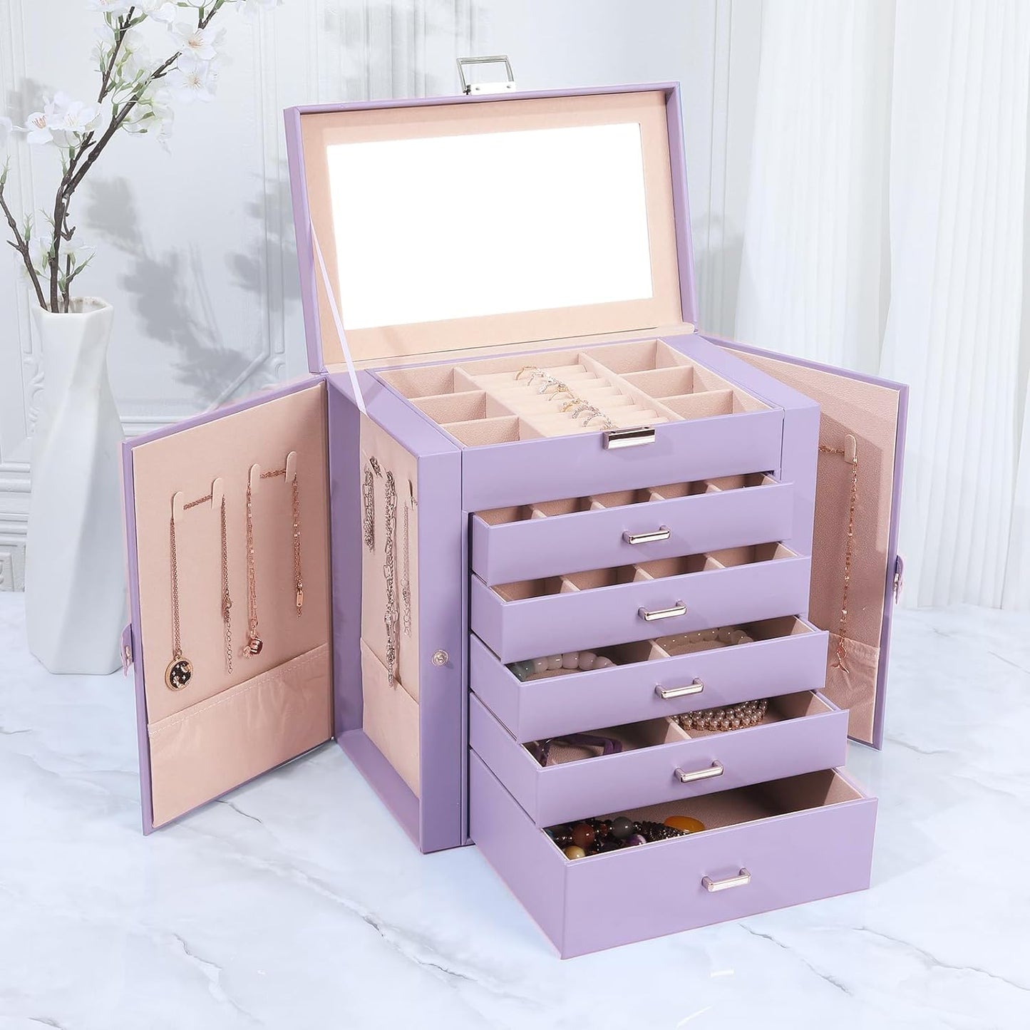 ASINGYER Jewelry Box for Women, 6 Layer Large Jewelry Holder Organizer with 5 Drawers for Jewelry Storage, Big Jewelry Box for Womens’ Christmas Gift (lavender)