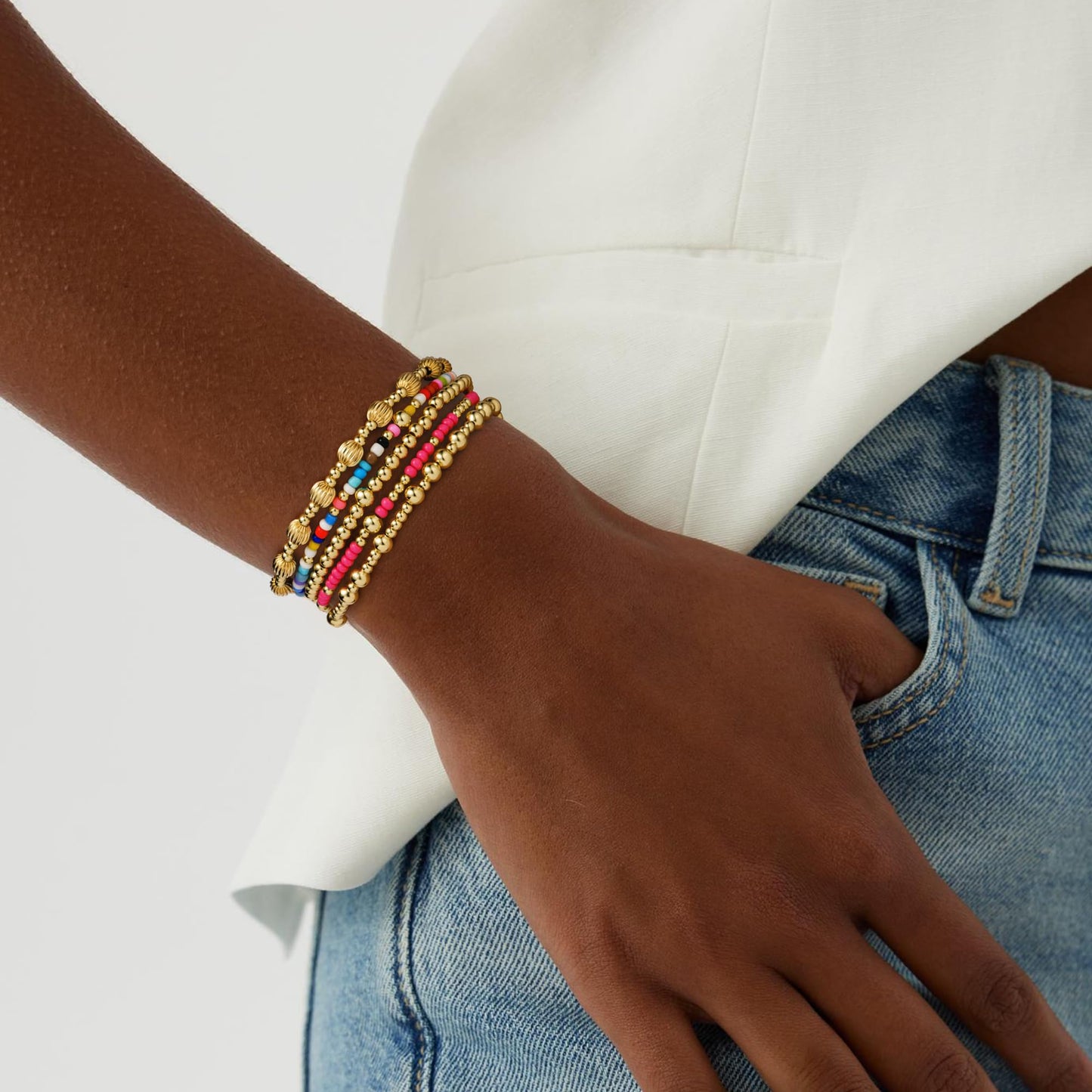 Turandoss Mothers Day Gifts 5PCS Gold Beaded Bracelets for Women - Dainty 14K Gold Plated Bead Ball Bracelets for Women Colorful Beaded Stretch Bracelet Mothers Day Gifts for Mom Daughters
