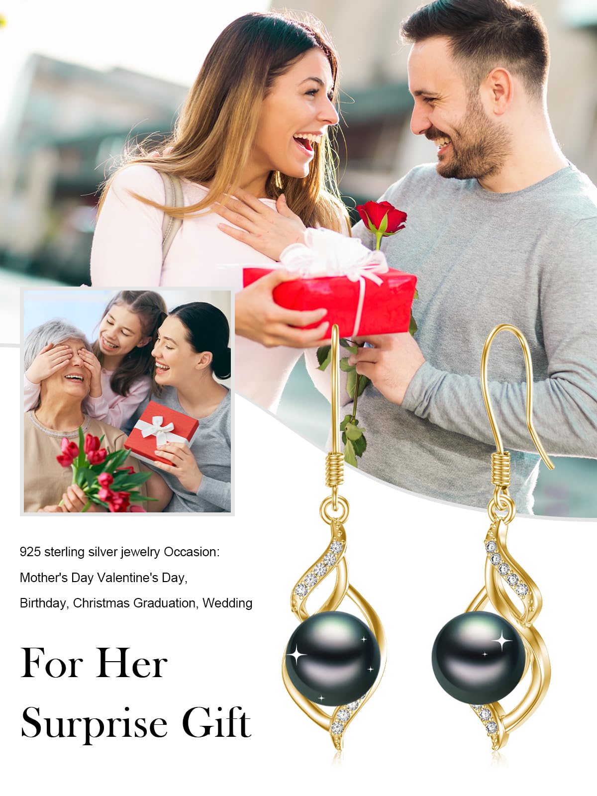 KANNSOAR 7MM Tahitian Black Pearl Dangle Drop Earrings, 18K Gold Plated Sterling Silver Everyday Earrings for Women Wife Girlfriend Hypoallergenic Jewelry Gift for Anniversary Birthday Christmas
